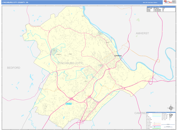 Lynchburg City County, VA Wall Map Basic Style